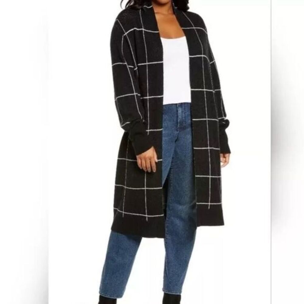 Leith Black White Windowpane Plaid Duster Cardigan Large Soft Cozy Layers